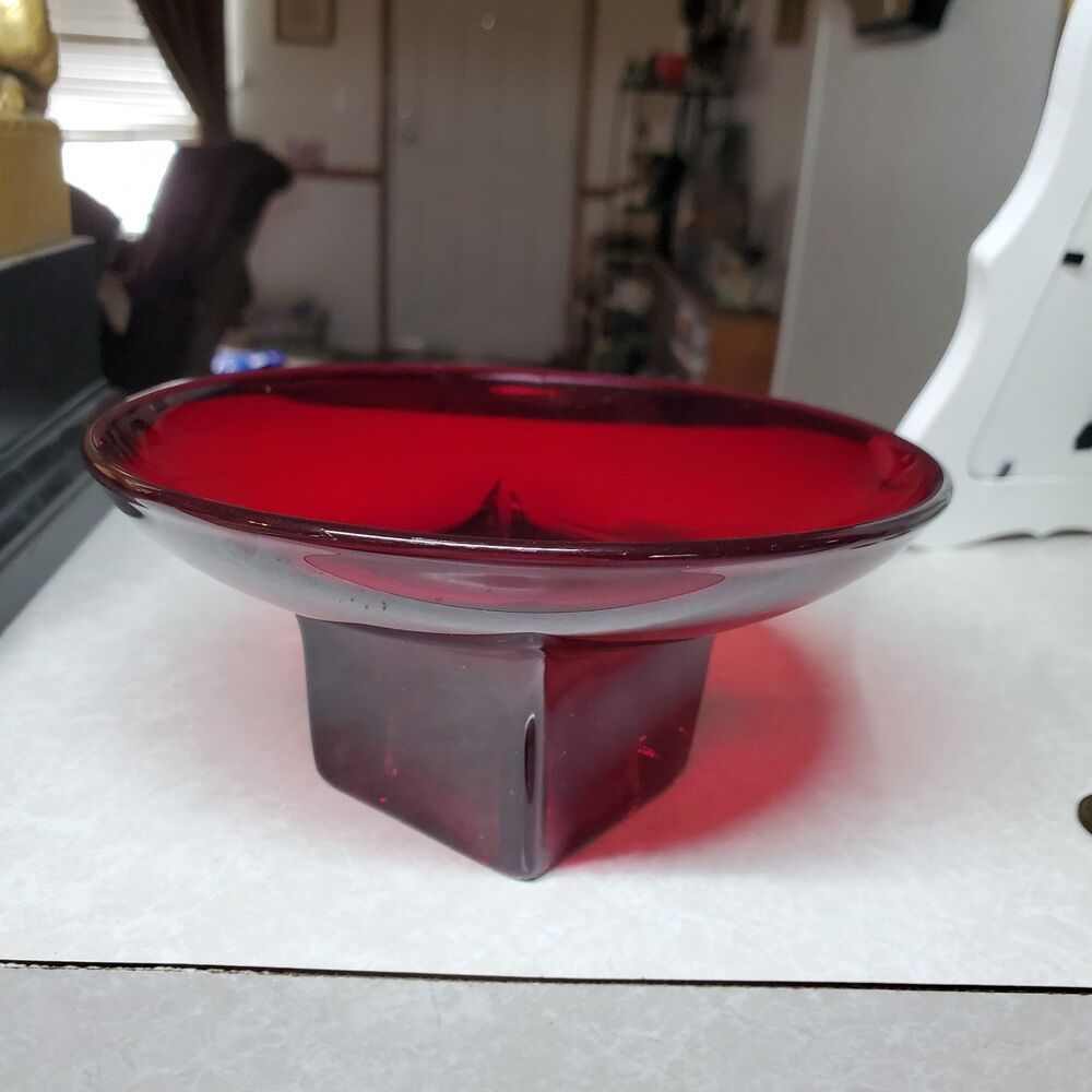 Ruby Red Glass Pedestal Bowl Round Shape Square Base Home Decor